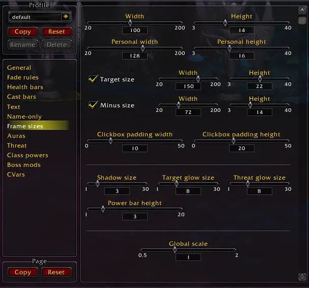 KuiNameplates addon frame size options