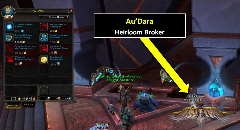Au'Dara the heirloom broker sells anima transferring caches