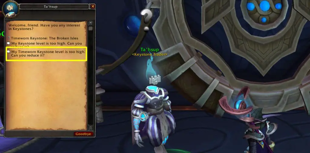 Screenshot of Ta'hsup, the Legion timeworn keystones NPC in Shadowlands.