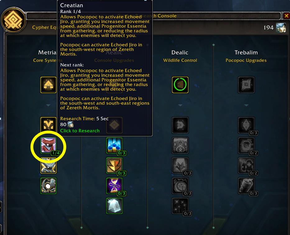 Screenshot of Cypher of the First Ones Research console in WoW