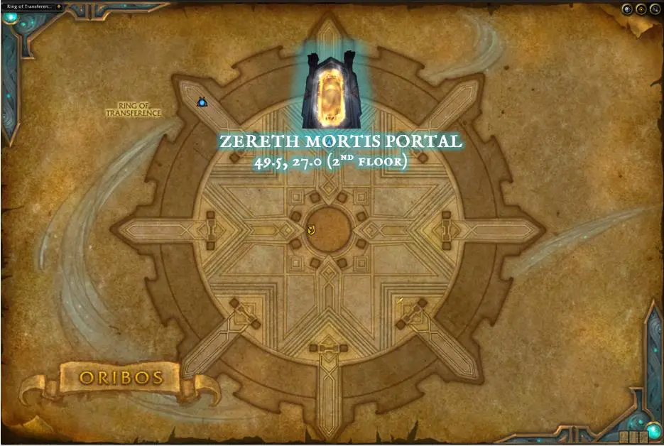 Oribos map showing the loctation of the Zereth Mortis portal