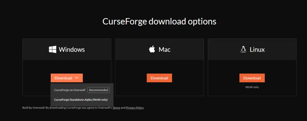 Standalone Curseforgeアプリをダウンロードするオプションを備えたオーバーウルフWebサイトのスクリーンショット