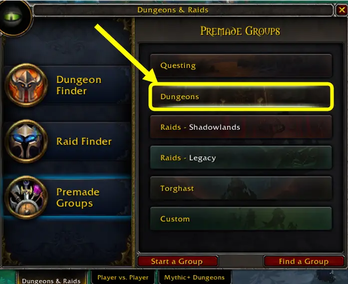 Screenshot of premade group tool in World of Warcraft