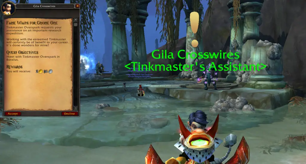 Screenshot of Gila Crosswires offering the Fame Waits for Gnome One quest that unlocks Mechagon