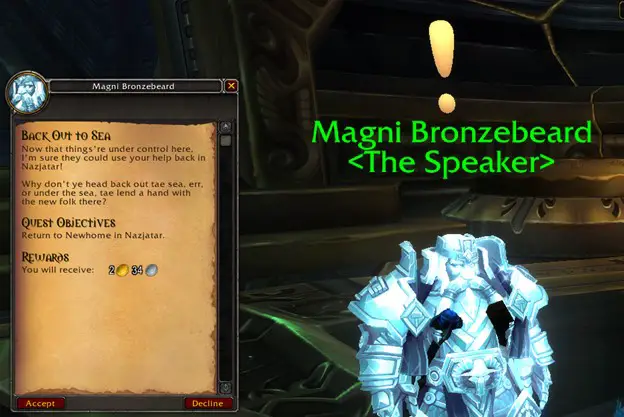 Screenshot of Magni offering Back Out to Sea quest; a requirement for unlocking Mechagon