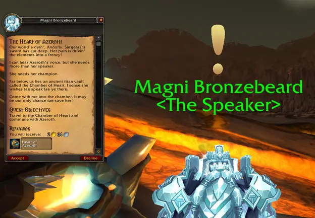 Screenshot of Magni offering The Heart of Azeroth quest; a requirement for unlocking Mechagon