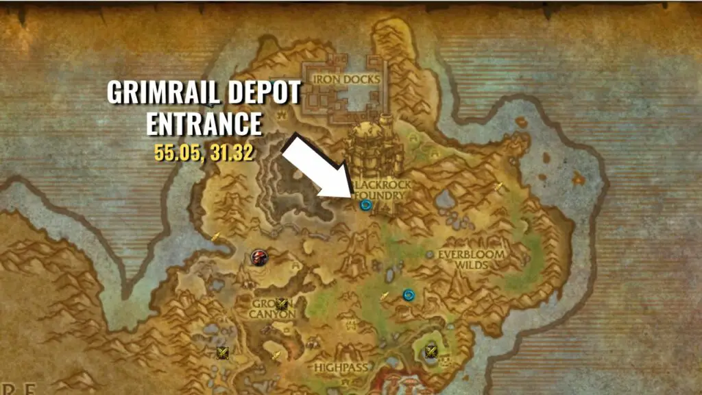 Screenshot of map showing the location of the Grimrail Depot dungeon entrance.