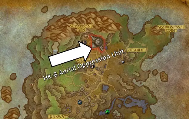 Map showing the HK-8 Aerial Oppression Unit icon in Operation Mechagon Junkyard dungeon