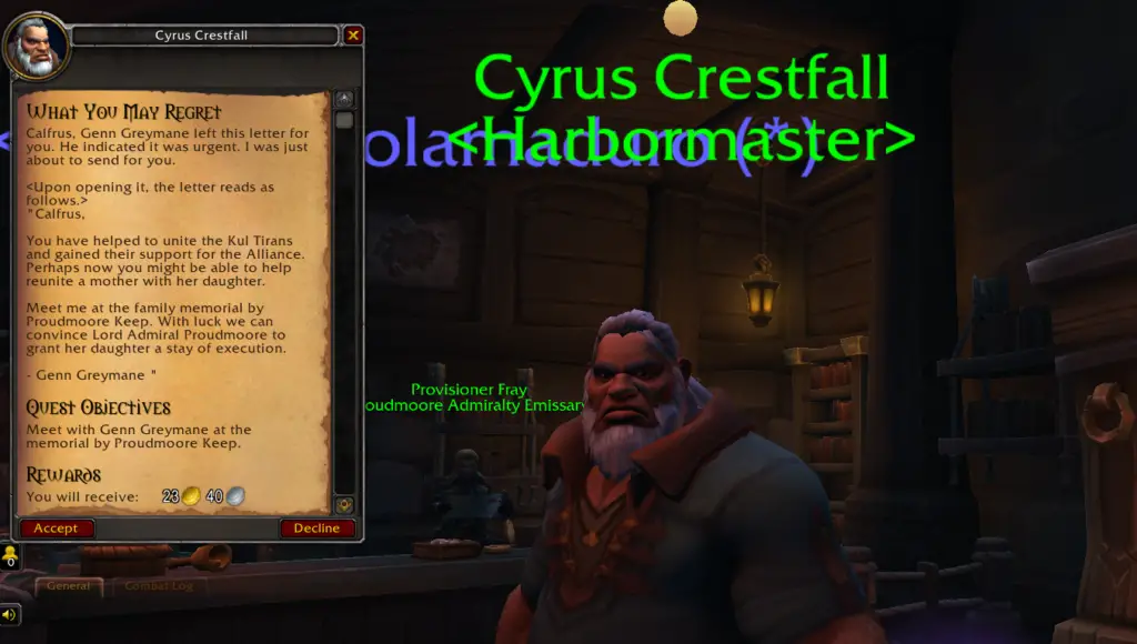 Cyrus Crestfall offering What You May Regret quest in World of Warcraft