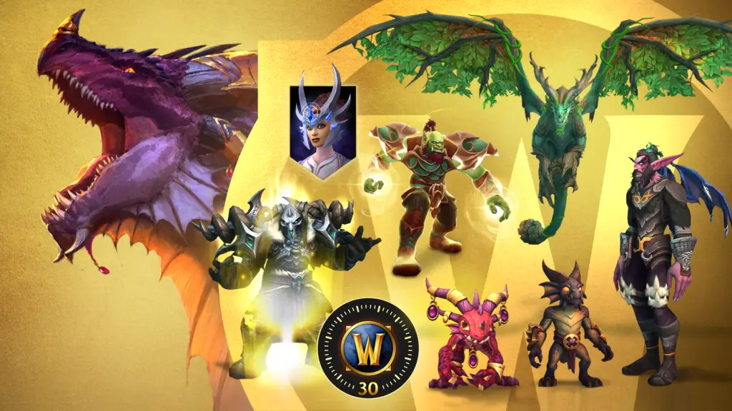 Image of World of Warcraft: Dragonflight pre-order bonuses including mounts, pets, transmog, and gametime.