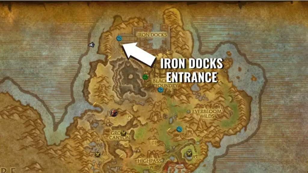 Screenshot of map showing the Iron Docks dungeon entrance location 