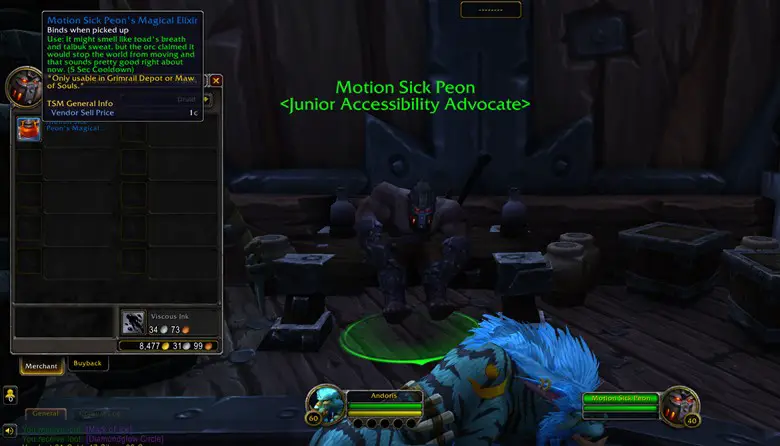 Screenshot of Motion Sick Peon offering his magic elixir to stop motion sickness in Grimrail Depot