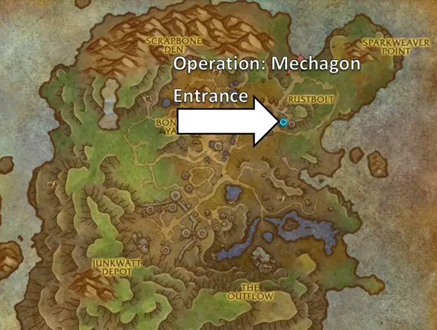 Screenshot of a map showing the entrance to the Operation: Mechagon dungeon in World of Warcraft
