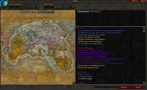 Screenshot of the Atlas Transportation addon for Northrend - WotLK Classic