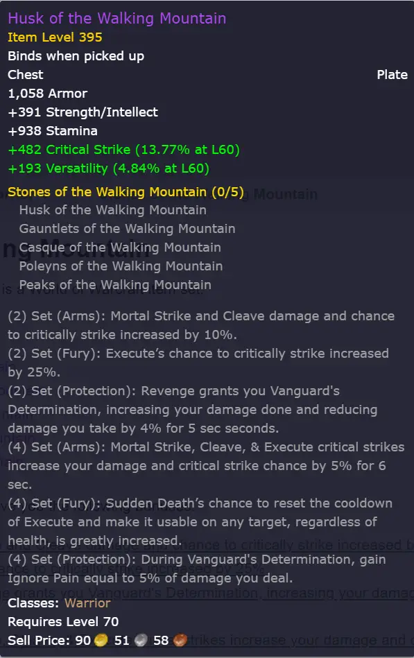 Screenshot of Husk of the Walking Mountain tooltip in World of Warcraft - Warrior Tier Set chest