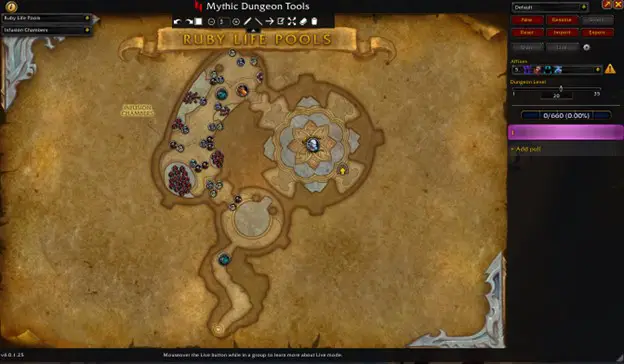 Screenshot of Ruby Life Pools map in the Mythic Dungeon Tools addon - World of Warcraft