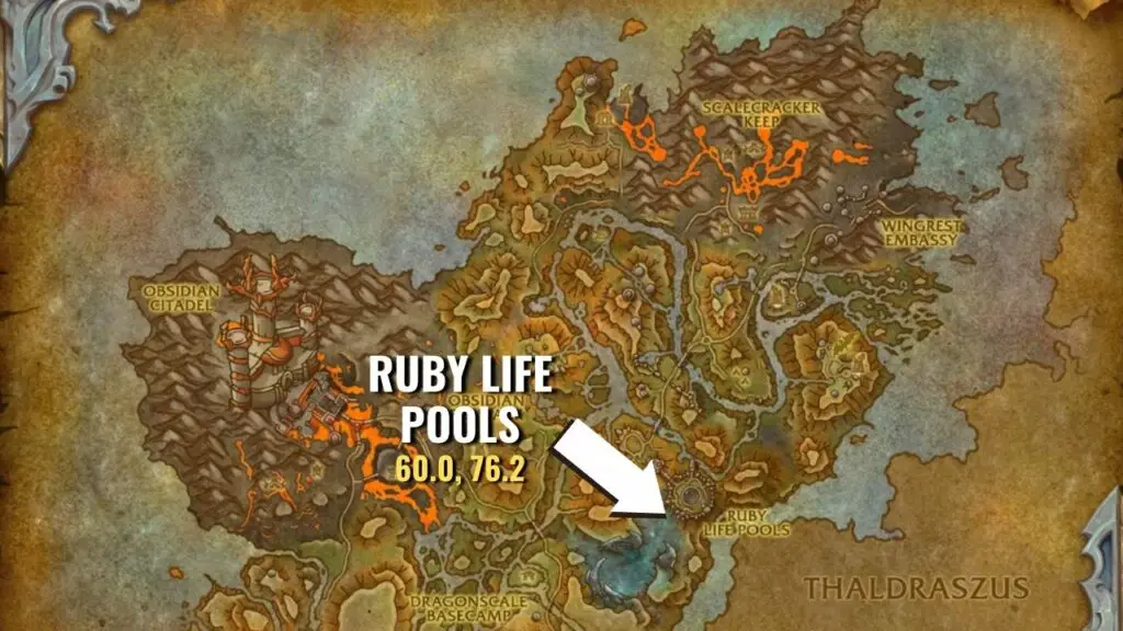 Map showing the location of the Ruby Life Pools dungeon entrance in Waking Shores