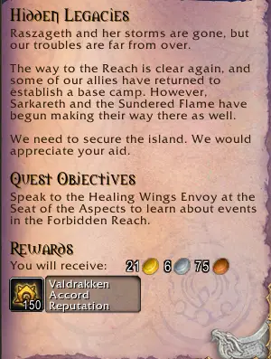 Screenshot of Hidden Legacies quest text in WoW which you accept to get to the Forbidden Reach