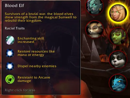 Screenshot of the racial traits for Blood Elf characters in World of Warcraft