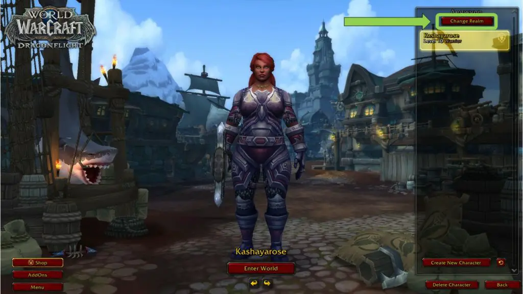 Screenshot of World of Warcraft character creation screen with option to Change Realm.