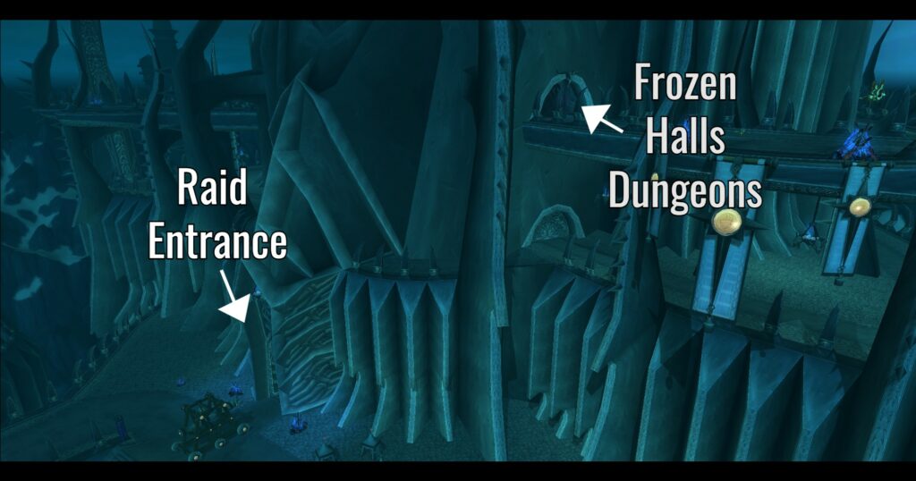 Screenshot showing the entrance to Icecrown Citadel and the Frozen Halls.