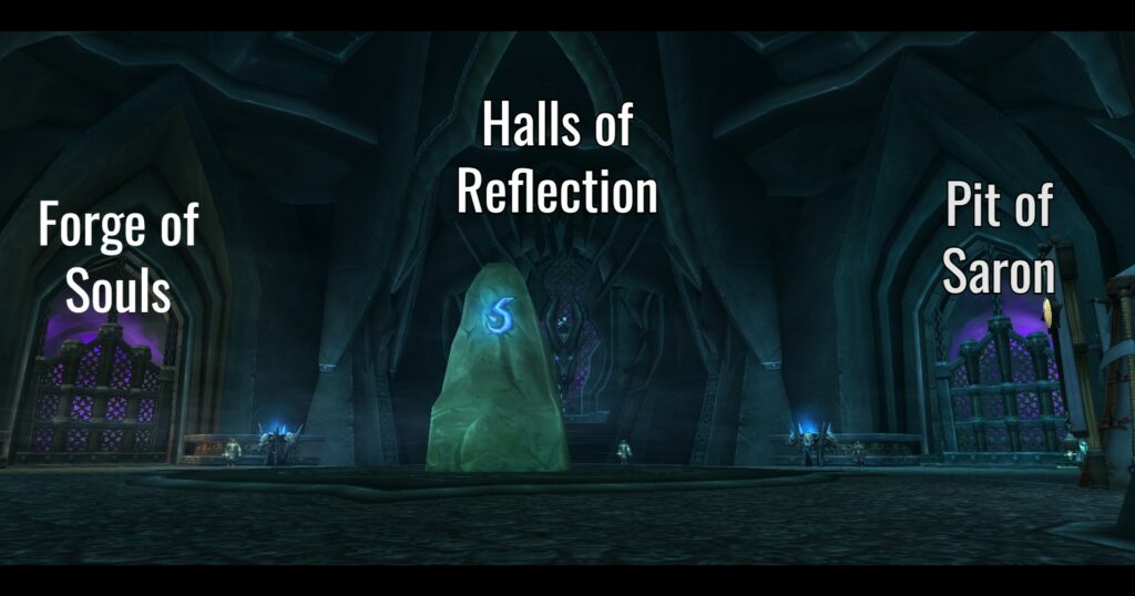 Screenshot of the Frozen Halls dungeons - Forge of Souls, Halls of Reflection, and Pit of Saron.