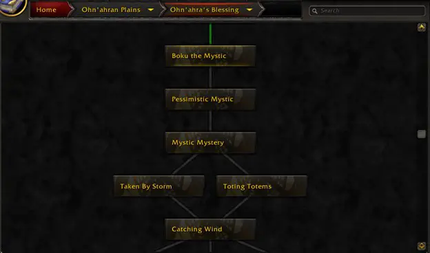 Screenshot of the BtWQuests addon in World of Warcraft quest tree