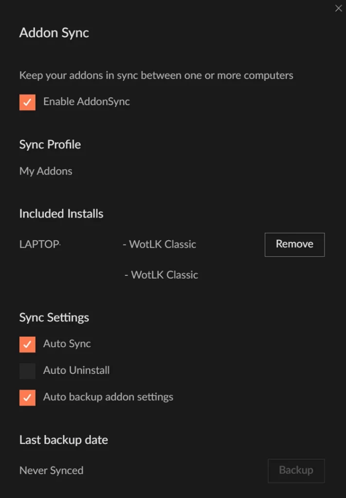 Screenshot of the WoW addon settings back up functionality in the Curseforge app. The settings I have checked include "Auto Sync" and "Auto backup addon settings"