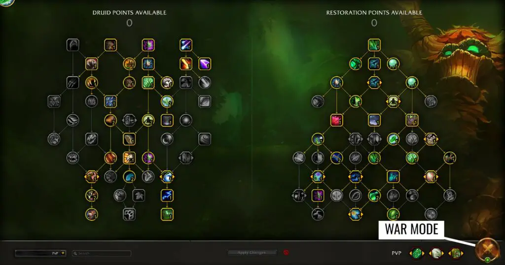 Screenshot of the talent window in World of Warcraft, showing where you turn on War Mode (World PvP)