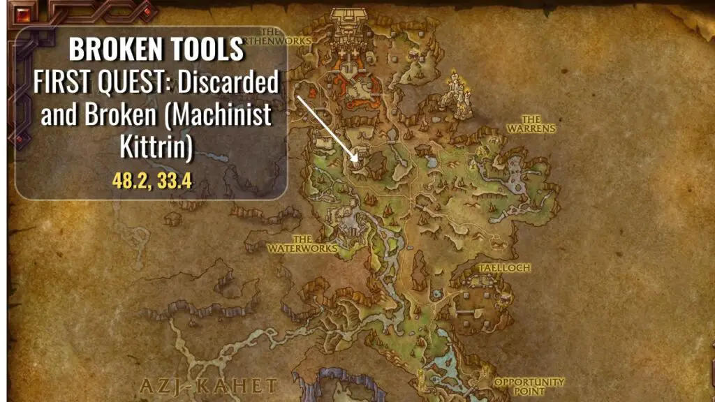 Map showing where to start the Broken Tools quests in WoW