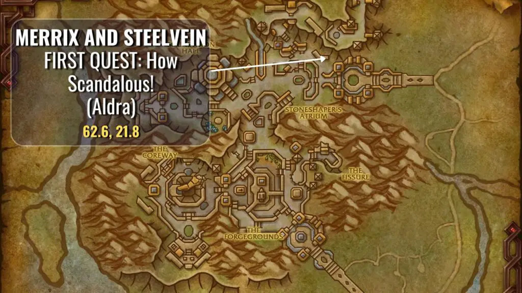 Map showing where to start the Merrix and Steelvein quests in WoW