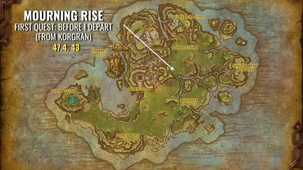 Map showing where to start the Mourning Rise quests in WoW.