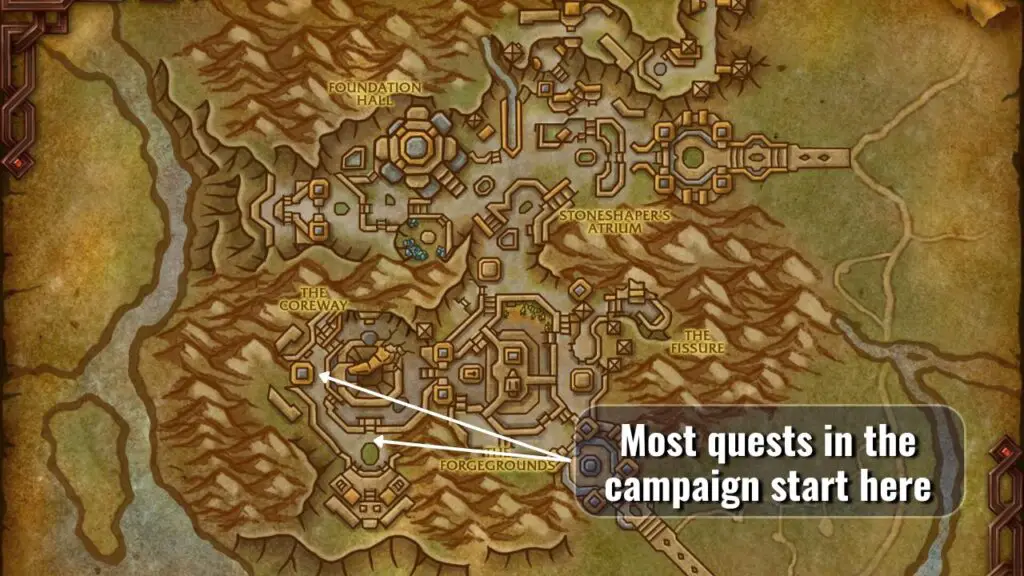 Map showing where to start the War Within campaign quests in WoW